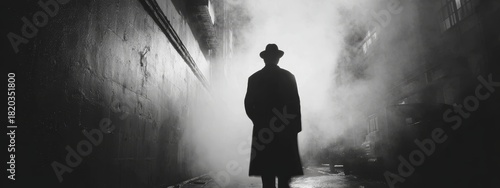 Silhouette of detective walking in rain with hands in pockets