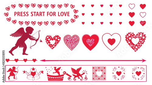 Cupid aiming arrow at hearts with valentine s day themed graphics and decorative elements