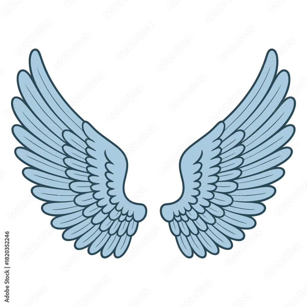 Fototapeta premium A pair of light blue angel wings with detailed feathers, symbolizing freedom, spirituality, and flight