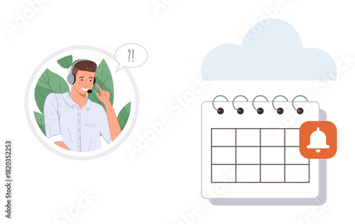 Man in headset speaking while calendar with notification bell and cloud icon hint at scheduling, organization, reminders, cloud storage. Ideal for customer service, productivity, remote work