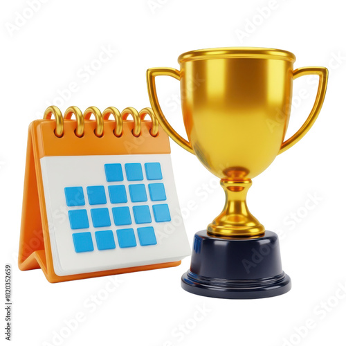 3d calendar and golden trophy cup isolated on transparent background