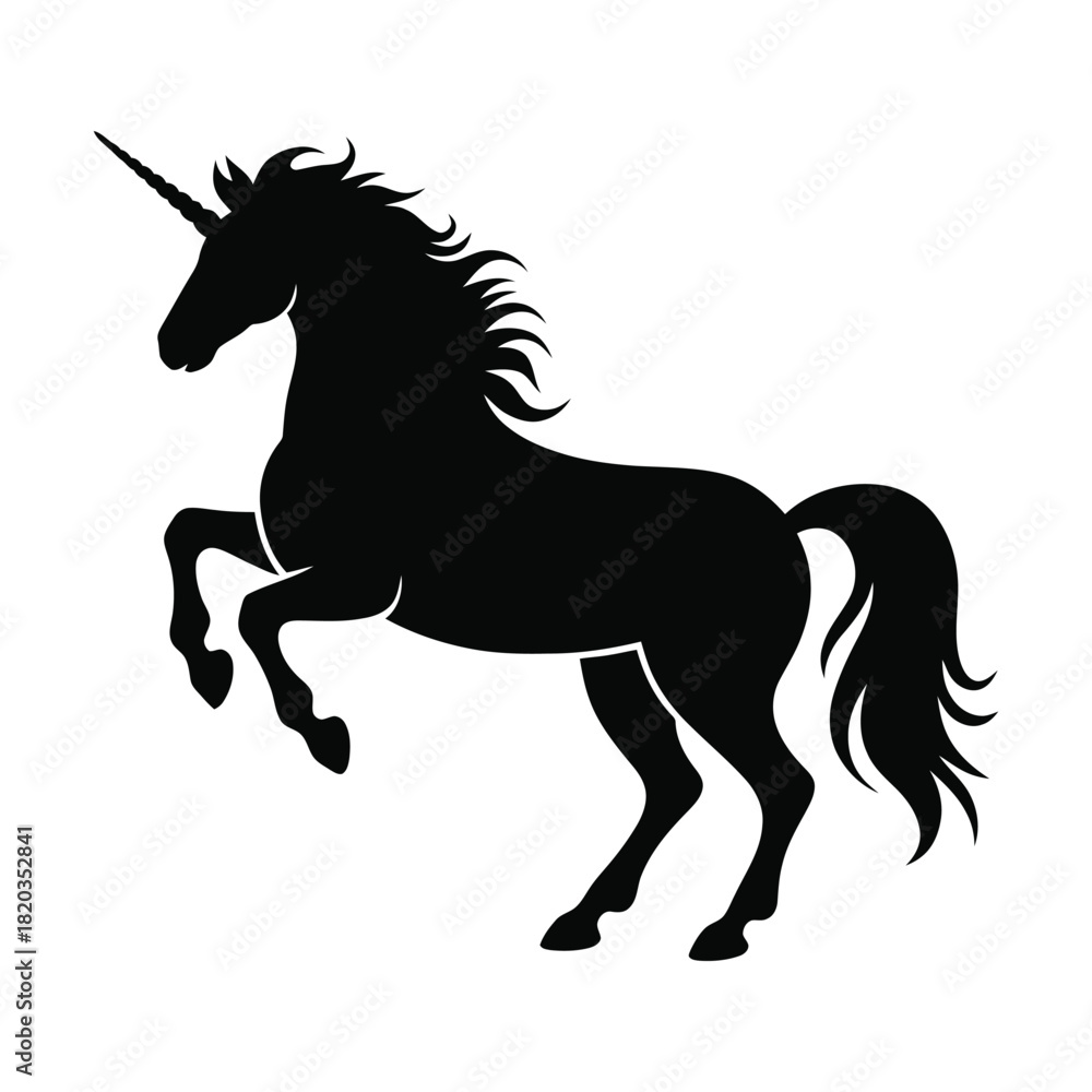 Obraz premium Majestic black unicorn silhouette rearing on its hind legs, a mythical creature symbolizing magic and purity