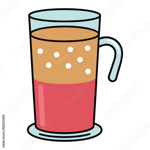 Cartoon illustration of a layered drink in a tall glass with a handle, featuring a red and bubbly light brown liquid