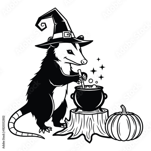 Opossum witch brewing potion with pumpkin and cauldron