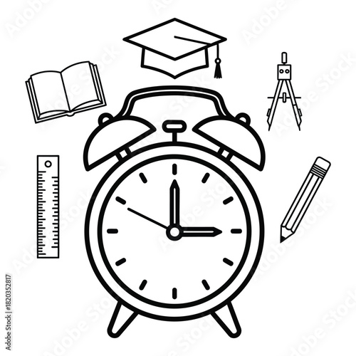 Alarm clock surrounded by school supplies and graduation cap