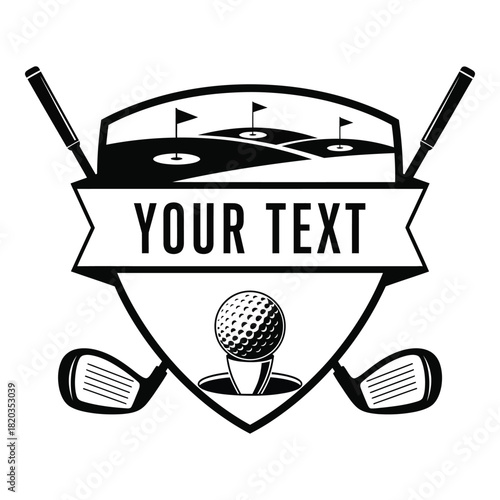 Golf emblem with clubs ball and golf course scene
