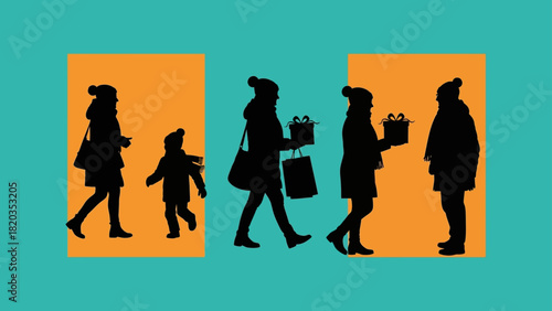 Silhouetted shoppers exchange gifts in a festive winter scene.
