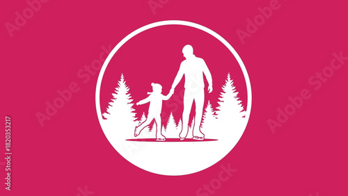 Father and Daughter Ice Skating Silhouette in Winter Landscape