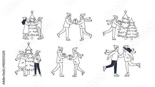 Festive Winter Fun: Line Art Illustrations of People Celebrating Christmas