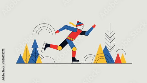 Minimalist Illustration of a Winter Skater in a Snowy Landscape