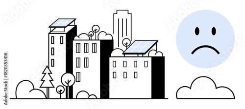 Sustainable urban living. Solar panels renewable energy use in a cityscape. Focus on reducing environmental challenges, clean energy solutions, and renewable innovation. For eco-friendly urban