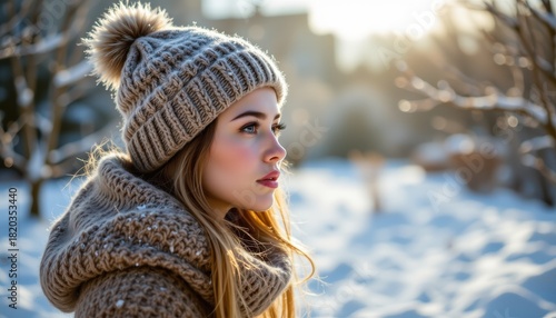 Close up profile portrait of a young woman wearing a knitted beanie and scarf outdoors in bright winter sunlight