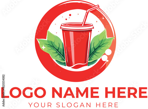 Juice or smoothie logo vector with red cup, green leaves, berries, and circular frame for fresh beverage branding