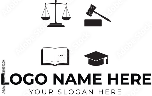 Law and education logo vector with justice scale, gavel, law book, and graduation cap icons for institutional branding