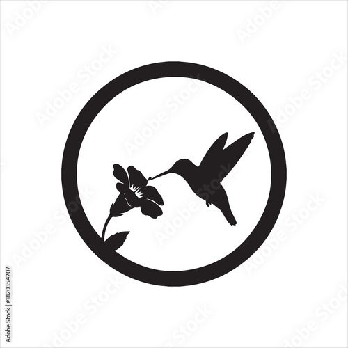  Vector hummingbird feeding on flower nectar inside a circle silhouette illustration