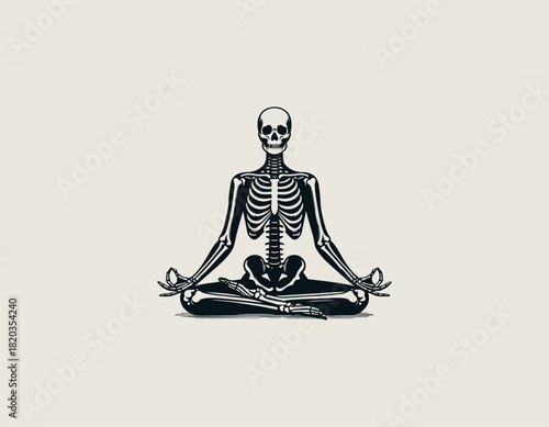 Detailed black and white illustration of a human skeleton sitting calmly in the classic Padmasana lotus yoga meditation pose with hands forming a Gyan Mudra.