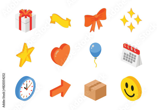Colorful Icon Set. New arrival isometric set. gift box, ribbon, bow, sparkles, star, heart, balloon, calendar, clock, arrow, package, smile.