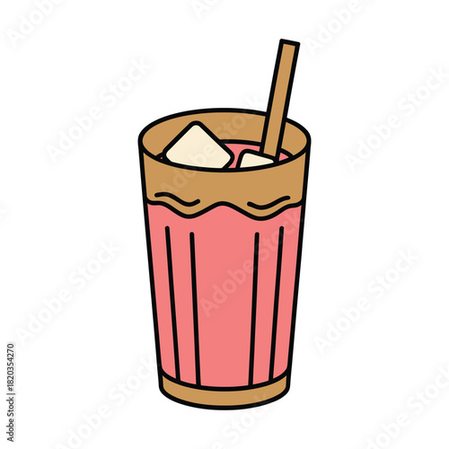 A simple cartoon illustration of a refreshing pink drink with ice and a straw in a tall glass, perfect for summer