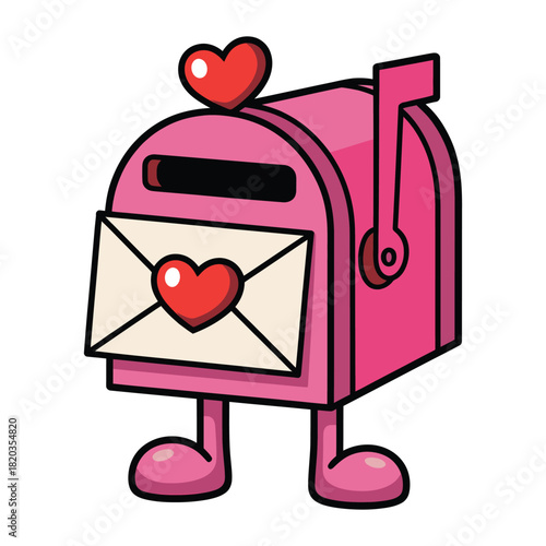 A charming pink mailbox with a heart on top and a love letter featuring a heart, standing on small feet