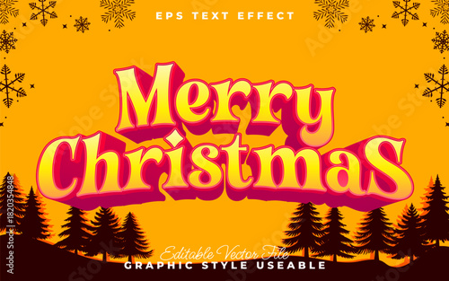 Merry Christmas Text Effect with Trees and Snowflakes Illustration