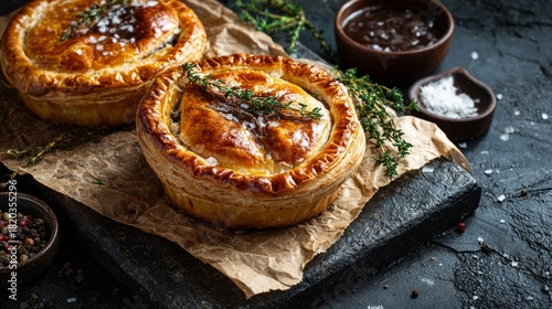 Delicious puff pastry steak pie on baking paper with golden flaky crust served on black stone background, perfect for gourmet food photography, restaurant menus, and culinary presentations