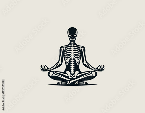 Detailed black and white illustration of a human skeleton sitting calmly in the classic Padmasana lotus yoga meditation pose with hands forming a Gyan Mudra.