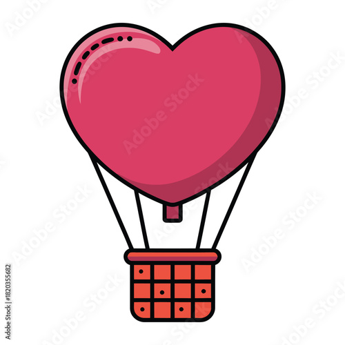 A romantic pink heartshaped hot air balloon with a basket, symbolizing love and celebration