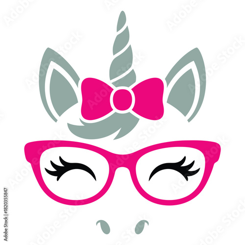 Adorable unicorn face illustration featuring a grey horn, pink bow, and stylish pink glasses, a whimsical and magical fantasy character