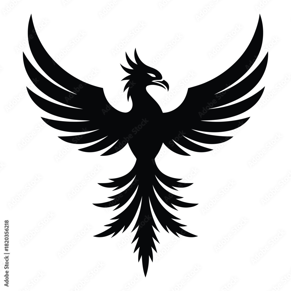 Fototapeta premium Majestic black phoenix silhouette with spread wings, symbolizing rebirth, strength, and freedom, presented in a bold graphic style