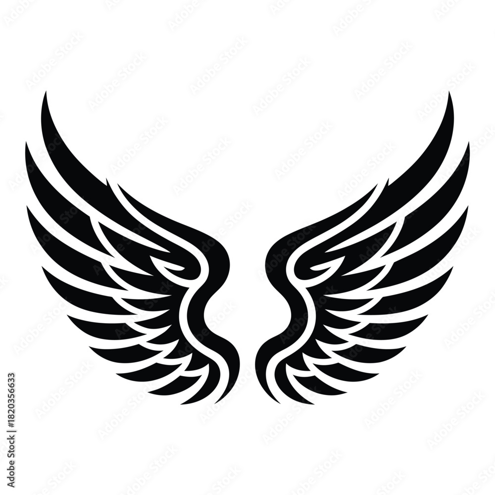 Fototapeta premium Stylized black wings with intricate feather details, presented symmetrically and
