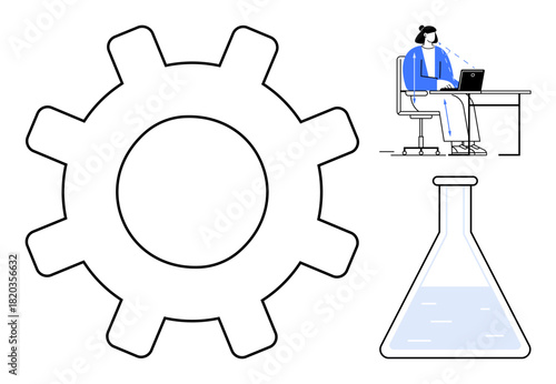 Science concept. Gear icon, research flask, and individual using a laptop convey science-driven processes, technology, and innovation. Ideal for tech, research, education scientific advancements
