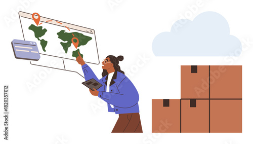 Woman using tablet to point at world map with location pins, cloud storage, and stacked boxes nearby. Ideal for logistics, supply chain, global trade, shipment tracking, business management, digital