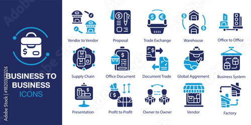 Business to Business Icon set. Containing commerce, trade, wholesale, vendor, supplier and more. Solid vector icons collection. Vector illustration.