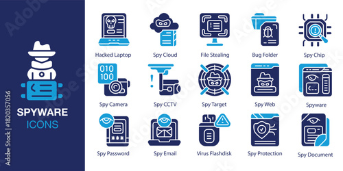 Spyware Icon set. Containing trojan, worm, adware, stalkerware, tracker and more. Solid vector icons collection. Vector illustration.