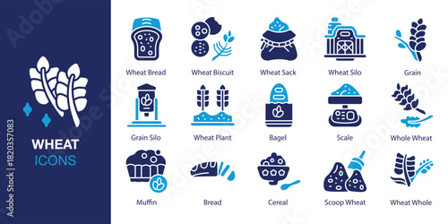 Wheat Icon set. Containing farm, field, harvest, ear, spikelet and more. Solid vector icons collection. Vector illustration.