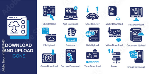 Download and Upload Icon set. Containing storage, backup, sync, share, import and more. Solid vector icons collection. Vector illustration.