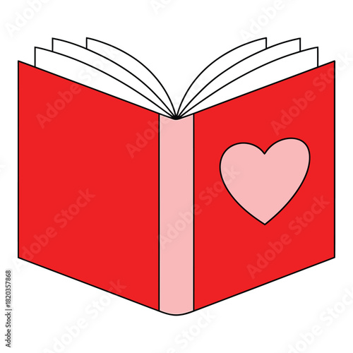 An open red book with a pink heart on its cover, representing love, romance, and stories