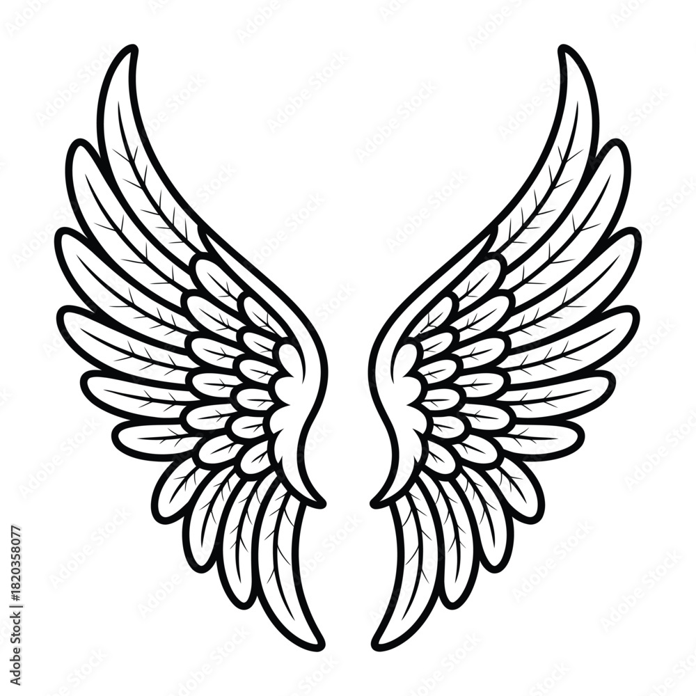 Obraz premium Elegant pair of decorative wings, featuring detailed feather patterns in a classic outline style, perfect for design elements