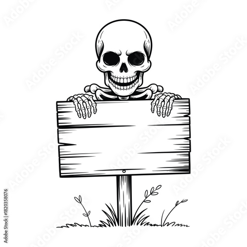 A spooky grinning skeleton holding a blank rustic wooden sign, perfect for halloween, death, or warning concepts, with space for custom text