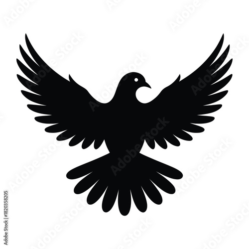 Black silhouette of a flying dove with outstretched wings, symbolizing peace, freedom, and hope