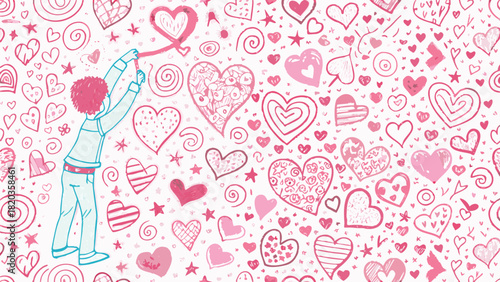 Whimsical child draws a heart garland amidst a sweet pink and red heart patterned background