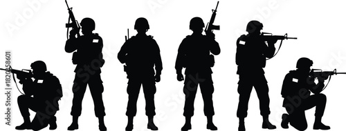 Silhouette set of armed soldiers in tactical positions, military team illustration for defense concepts, security graphics, combat design elements