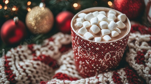Warm cup of hot chocolate with marshmallows surrounded by festive decorations during the holiday season