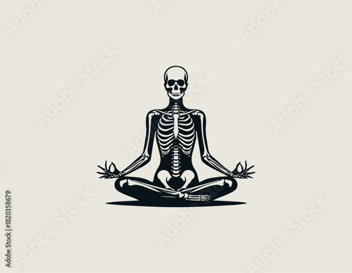 Detailed black and white illustration of a human skeleton sitting calmly in the classic Padmasana lotus yoga meditation pose with hands forming a Gyan Mudra.