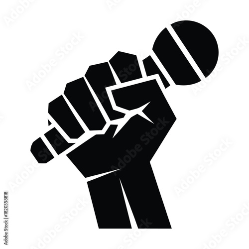 Black fist holding a microphone, symbolizing protest, activism, and the power of voice
