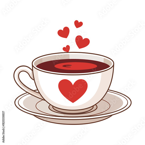 A charming teacup with a red heart design, filled with a warm beverage, emitting floating red hearts