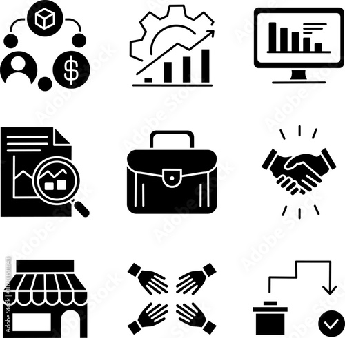 Business Glyph Icons Set – Analytics, Teamwork, Finance & Growth Outline Vector