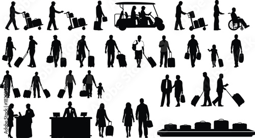 Silhouette travelers walking with luggage in airport, people with suitcases and carts, travel transportation crowd scene, airport terminal lifestyle illustration