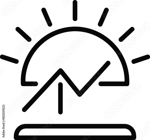 A line art icon depicting a rising sun over an upwardtrending line graph, symbolizing growth, progress, and new beginnings