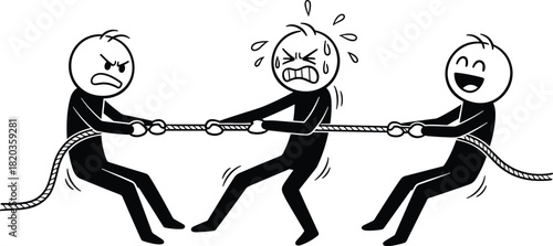 Stick figure characters playing tug of war with expressive emotions, symbolizing teamwork, challenge, competition, struggle, motivation, and group effort